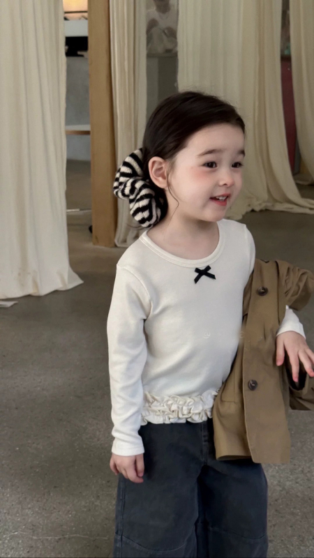 Tricou din bumbac cu mânece lungi, stil coreean, funda drăguță, guler rotund, pentru copii 3–8 ani