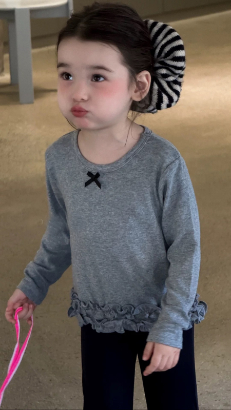 Tricou din bumbac cu mânece lungi, stil coreean, funda drăguță, guler rotund, pentru copii 3–8 ani