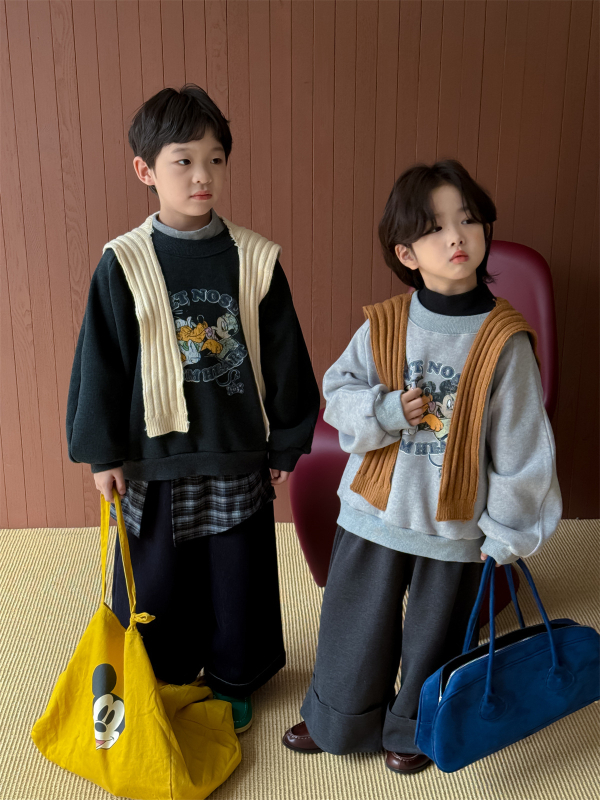 Gyerekeknek készült pamut pulóver cartoon mintával, vastag fleece belsővel, koreai verzió, hosszú ujjú, téli szezon 2025