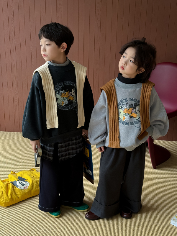 Gyerekeknek készült pamut pulóver cartoon mintával, vastag fleece belsővel, koreai verzió, hosszú ujjú, téli szezon 2025