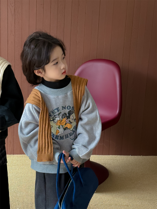 Gyerekeknek készült pamut pulóver cartoon mintával, vastag fleece belsővel, koreai verzió, hosszú ujjú, téli szezon 2025
