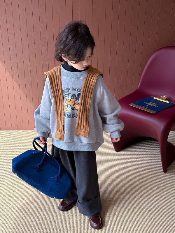 Gyerekeknek készült pamut pulóver cartoon mintával, vastag fleece belsővel, koreai verzió, hosszú ujjú, téli szezon 2025