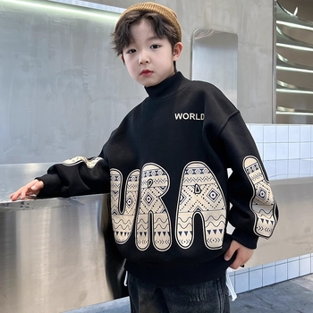 Pulover fleece pentru copii, cu guler semi-înalt, mâneci lungi, imprimeu cu litere, material amestec din bumbac și poliester (65% poliester)