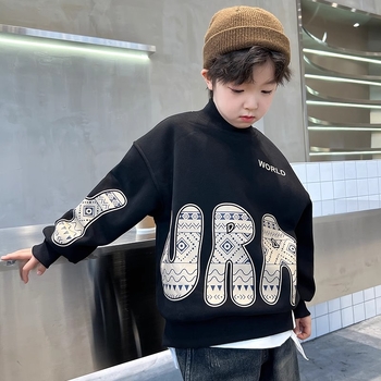 Pulover fleece pentru copii, cu guler semi-înalt, mâneci lungi, imprimeu cu litere, material amestec din bumbac și poliester (65% poliester)