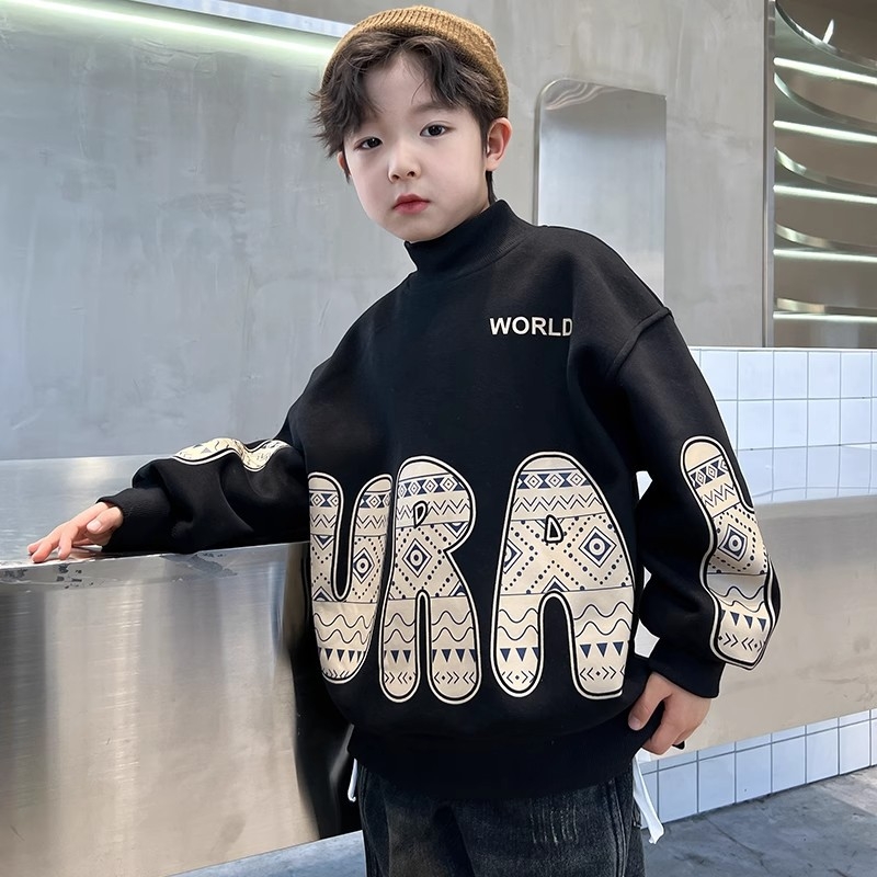 Pulover fleece pentru copii, cu guler semi-înalt, mâneci lungi, imprimeu cu litere, material amestec din bumbac și poliester (65% poliester)