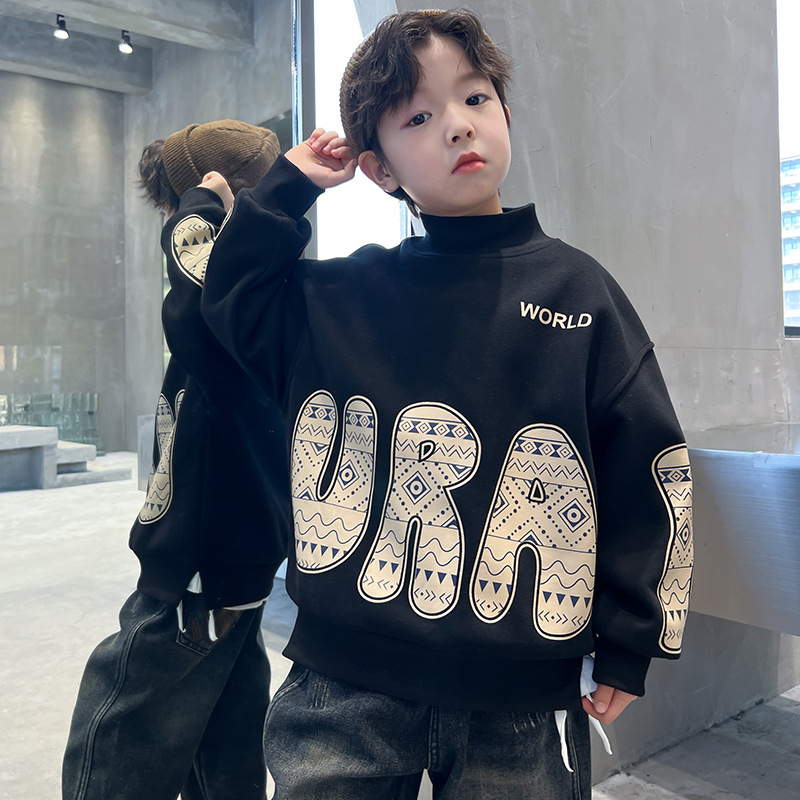 Pulover fleece pentru copii, cu guler semi-înalt, mâneci lungi, imprimeu cu litere, material amestec din bumbac și poliester (65% poliester)