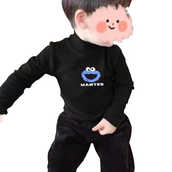 Top de bază cu mâneci lungi pentru copii, din Derong velvet, stil coreean, guler rotund, imprimeu cu desene animate