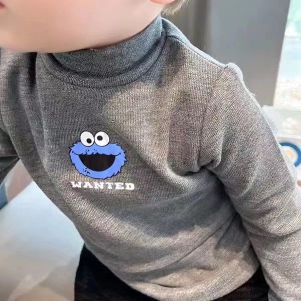 Top de bază cu mâneci lungi pentru copii, din Derong velvet, stil coreean, guler rotund, imprimeu cu desene animate