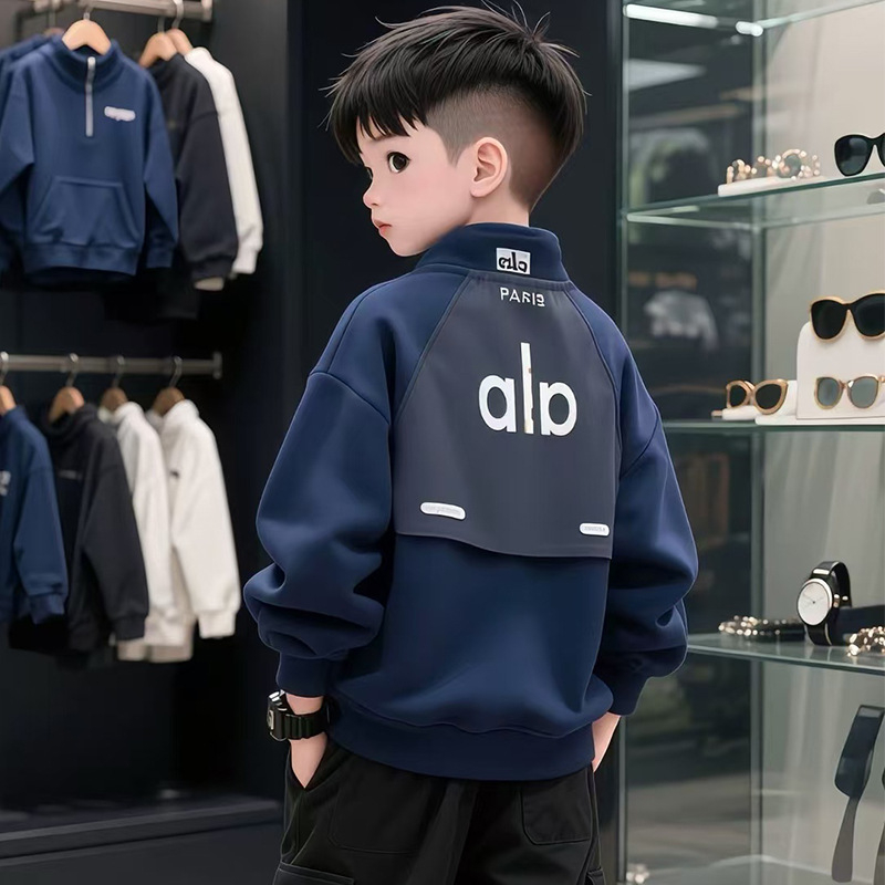 Pulover pentru băieți din bumbac cu căptușeală fleece, gros, mâneci lungi, imprimeu cu litere, stil coreean