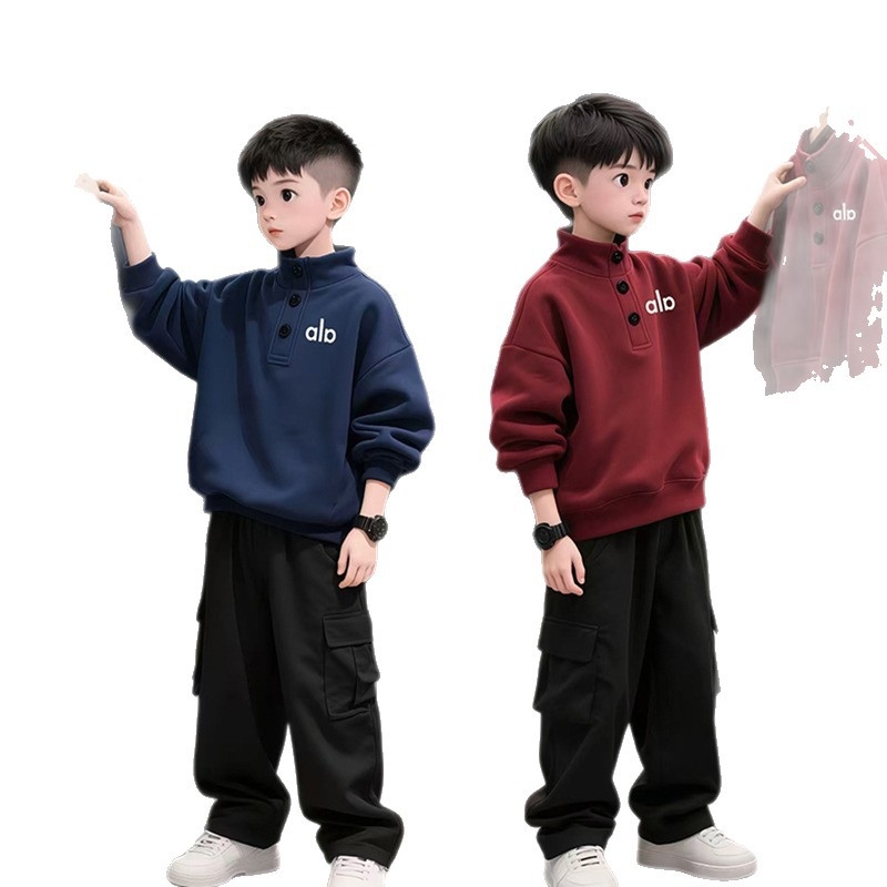 Pulover pentru băieți din bumbac cu căptușeală fleece, gros, mâneci lungi, imprimeu cu litere, stil coreean