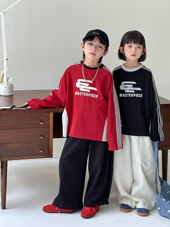 Tricou pentru copii, stil coreean, mâneci lungi, guler rotund, imprimeu cu litere, 100% bumbac