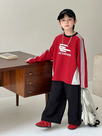 Tricou pentru copii, stil coreean, mâneci lungi, guler rotund, imprimeu cu litere, 100% bumbac