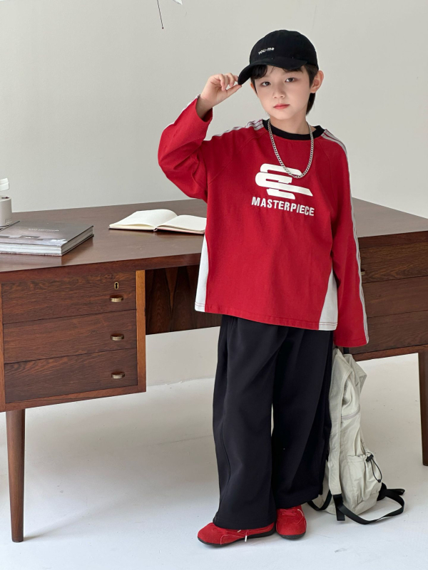 Tricou pentru copii, stil coreean, mâneci lungi, guler rotund, imprimeu cu litere, 100% bumbac