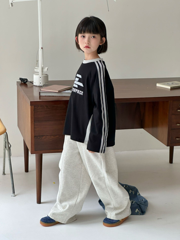 Tricou pentru copii, stil coreean, mâneci lungi, guler rotund, imprimeu cu litere, 100% bumbac