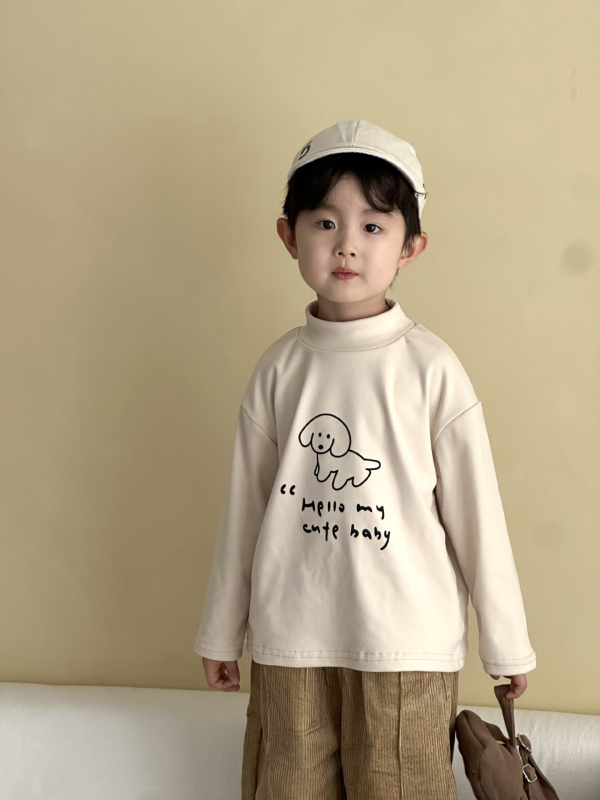 Gyerekek hosszú ujjú póló koreai stílusú mock nyakú gallérral, 90% poliészter, állat- és betűmintás, 3–8 éveseknek.