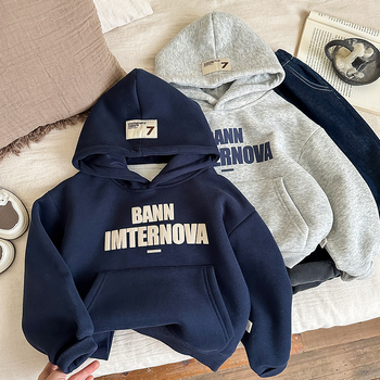 Hanorac pentru copii cu glugă și căptușeală de fleece, stil coreean, iarnă, țesătură groasă, 60% bumbac / 40% poliester, mâneci lungi, pulover, imprimeu cu litere