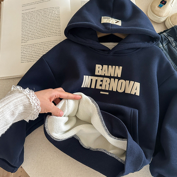 Hanorac pentru copii cu glugă și căptușeală de fleece, stil coreean, iarnă, țesătură groasă, 60% bumbac / 40% poliester, mâneci lungi, pulover, imprimeu cu litere