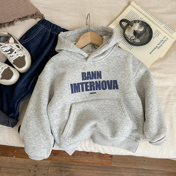 Hanorac pentru copii cu glugă și căptușeală de fleece, stil coreean, iarnă, țesătură groasă, 60% bumbac / 40% poliester, mâneci lungi, pulover, imprimeu cu litere