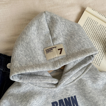 Hanorac pentru copii cu glugă și căptușeală de fleece, stil coreean, iarnă, țesătură groasă, 60% bumbac / 40% poliester, mâneci lungi, pulover, imprimeu cu litere