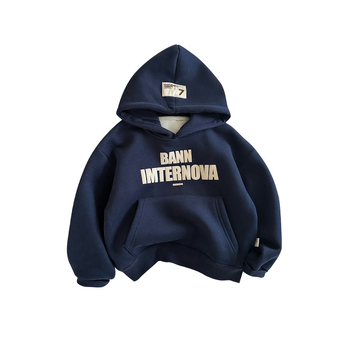 Hanorac pentru copii cu glugă și căptușeală de fleece, stil coreean, iarnă, țesătură groasă, 60% bumbac / 40% poliester, mâneci lungi, pulover, imprimeu cu litere
