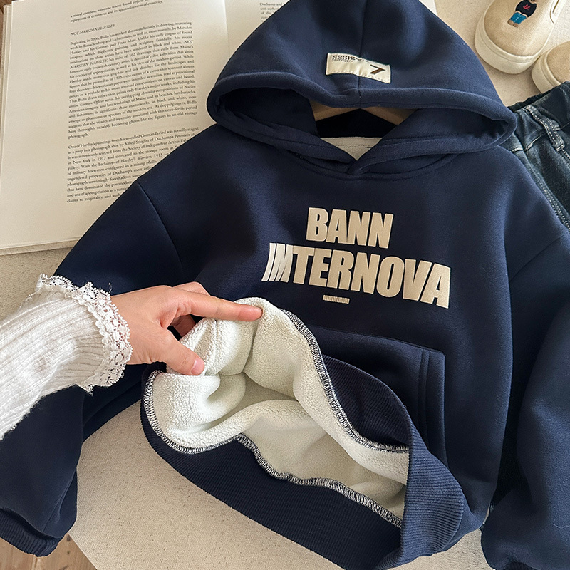 Hanorac pentru copii cu glugă și căptușeală de fleece, stil coreean, iarnă, țesătură groasă, 60% bumbac / 40% poliester, mâneci lungi, pulover, imprimeu cu litere