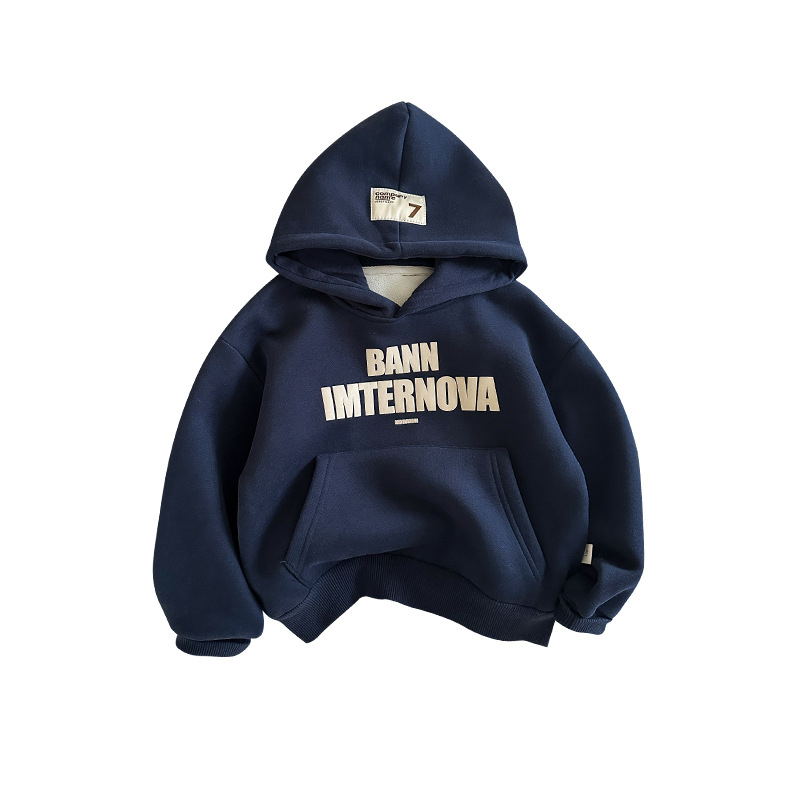 Hanorac pentru copii cu glugă și căptușeală de fleece, stil coreean, iarnă, țesătură groasă, 60% bumbac / 40% poliester, mâneci lungi, pulover, imprimeu cu litere