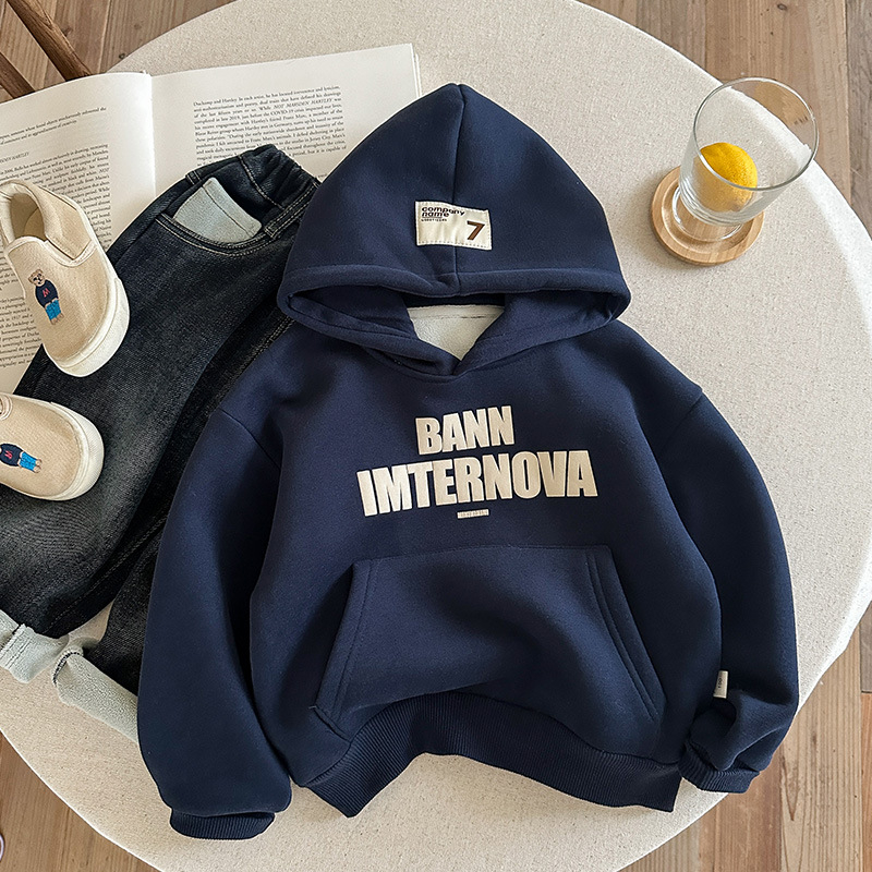 Hanorac pentru copii cu glugă și căptușeală de fleece, stil coreean, iarnă, țesătură groasă, 60% bumbac / 40% poliester, mâneci lungi, pulover, imprimeu cu litere