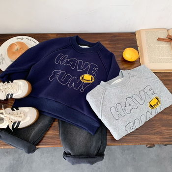 Unisex jersey baseball brodat, căptușit cu lână, stil coreean, material din bumbac, model Cartoon/Letter, mâneci lungi, pulover