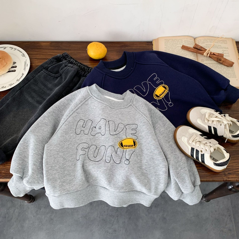 Unisex jersey baseball brodat, căptușit cu lână, stil coreean, material din bumbac, model Cartoon/Letter, mâneci lungi, pulover