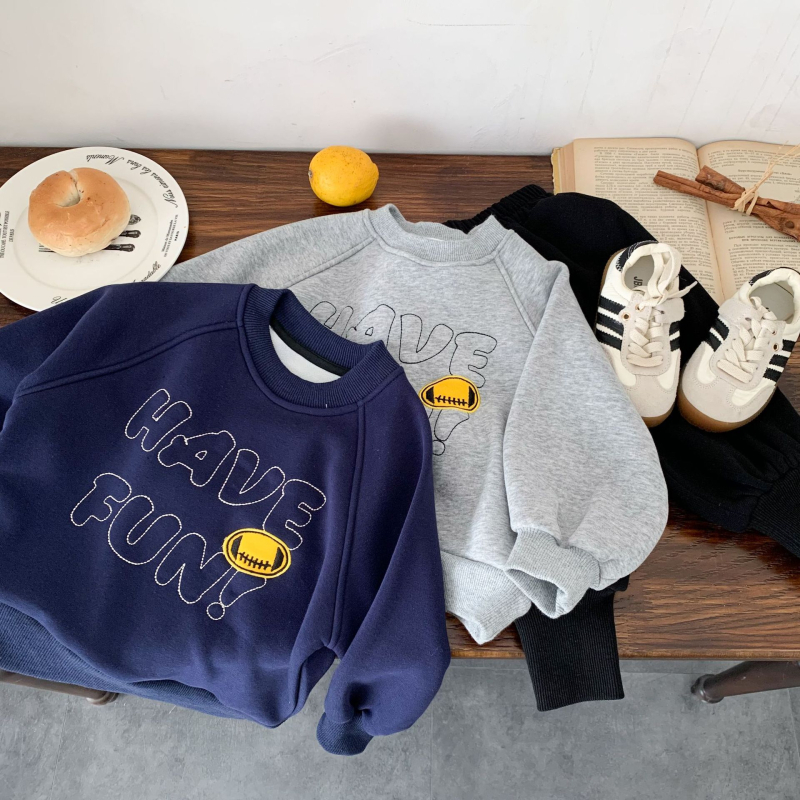 Unisex jersey baseball brodat, căptușit cu lână, stil coreean, material din bumbac, model Cartoon/Letter, mâneci lungi, pulover