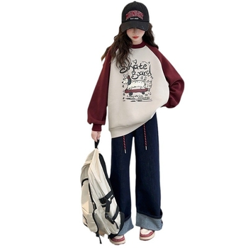 Bluză pentru fete cu căptușeală fleece, din amestec de bumbac cu 85% poliester, mâneci lungi, guler rotund, pulover