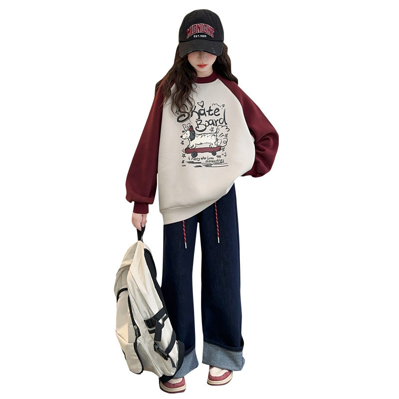 Bluză pentru fete cu căptușeală fleece, din amestec de bumbac cu 85% poliester, mâneci lungi, guler rotund, pulover