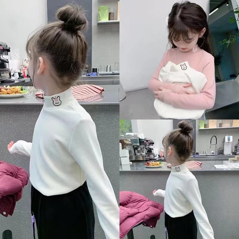 Tricou termic de bază pentru fetițe, cu guler semi-înalt, mâneci lungi, 85% bumbac, țesătură moale, toamnă-iarna 2025