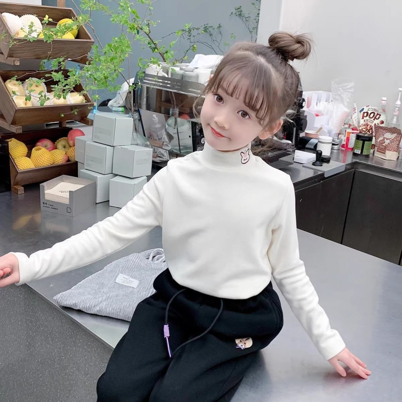 Tricou termic de bază pentru fetițe, cu guler semi-înalt, mâneci lungi, 85% bumbac, țesătură moale, toamnă-iarna 2025