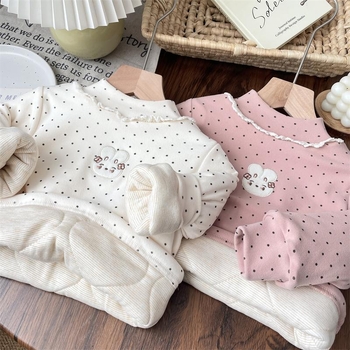 Kislányok téli pamut felsője félmagas gallérral, fleece-beléssel, koreai stílusban, 3–8 éveseknek