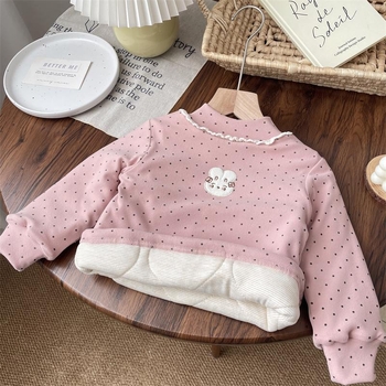 Kislányok téli pamut felsője félmagas gallérral, fleece-beléssel, koreai stílusban, 3–8 éveseknek