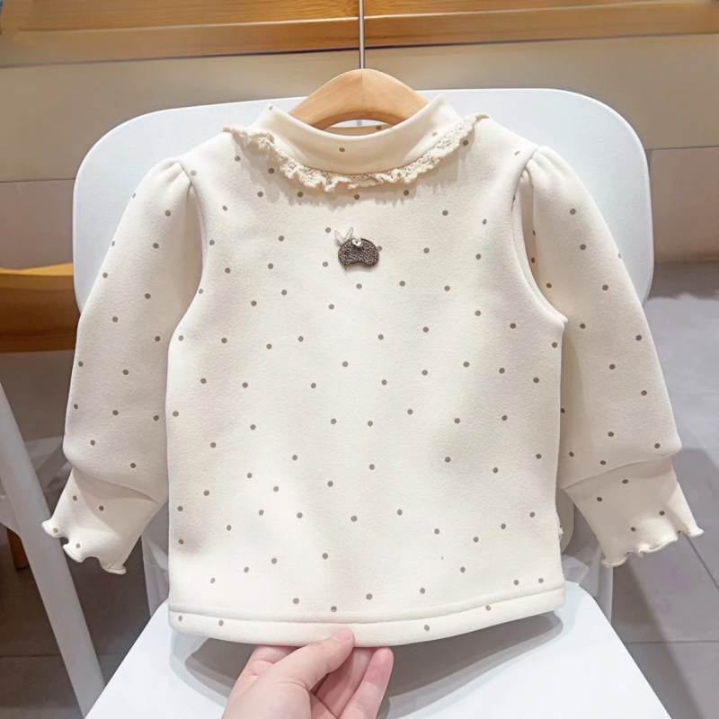Bluza pentru copii din bumbac cu căptușeală de polar, stil coreean, mâneci lungi, model cu buline, iarnă