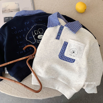 Gyerekeknek készült velúrral bélelt pulóver, téli modell 2025, kockás gallérral, hosszú ujjú, kapucni nélküli, vast anyag