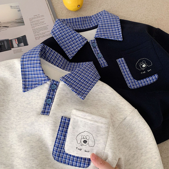 Gyerekeknek készült velúrral bélelt pulóver, téli modell 2025, kockás gallérral, hosszú ujjú, kapucni nélküli, vast anyag