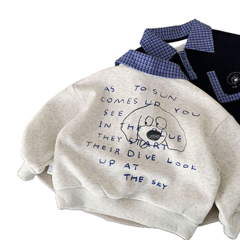 Gyerekeknek készült velúrral bélelt pulóver, téli modell 2025, kockás gallérral, hosszú ujjú, kapucni nélküli, vast anyag