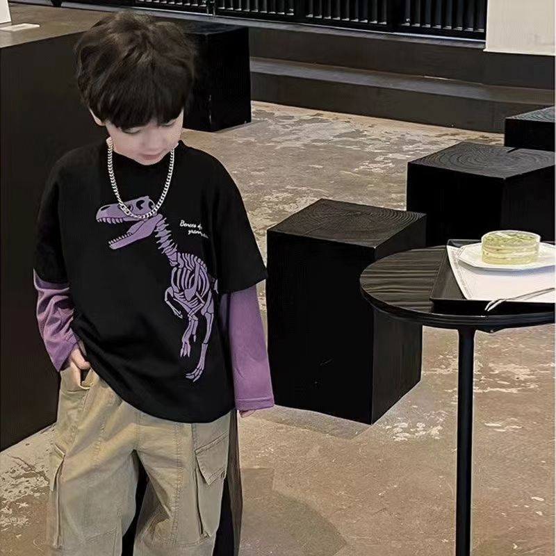 Tricou pentru copii din bumbac, mâneci lungi, cu aspect dublu faux, unisex, guler rotund, stil coreean
