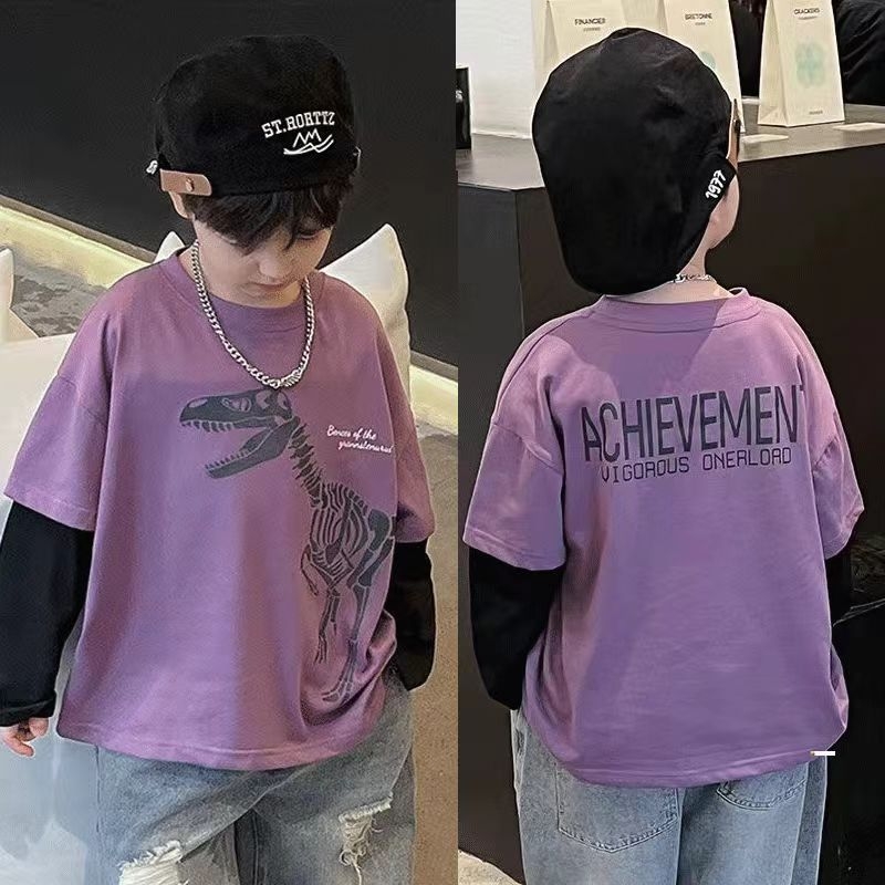 Tricou pentru copii din bumbac, mâneci lungi, cu aspect dublu faux, unisex, guler rotund, stil coreean