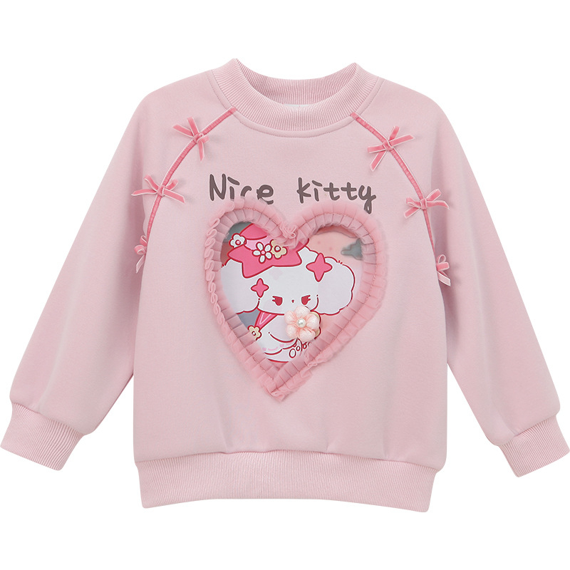 Pulover pentru fete, căptușit cu fleece, stil coreean, imprimeu desenat, mâneci lungi, pentru vârsta 3–8 ani