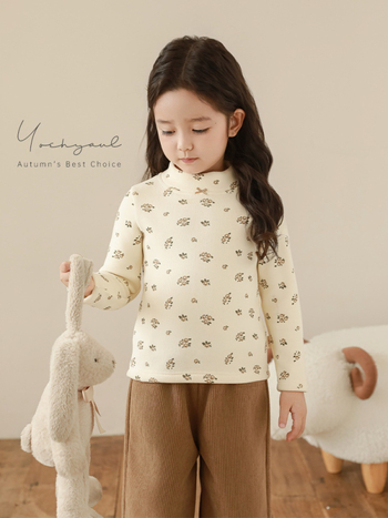 Lányoknak készült fleeces béléses, vastag virágmintás kerek nyakú hosszú ujjú téli póló