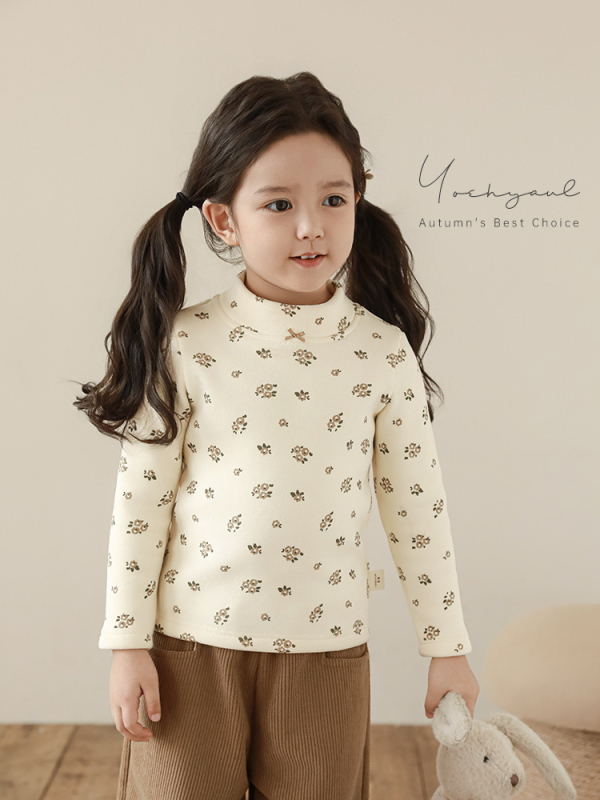 Lányoknak készült fleeces béléses, vastag virágmintás kerek nyakú hosszú ujjú téli póló