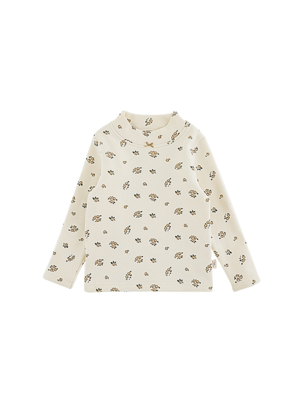 Lányoknak készült fleeces béléses, vastag virágmintás kerek nyakú hosszú ujjú téli póló