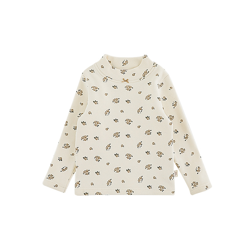 Lányoknak készült fleeces béléses, vastag virágmintás kerek nyakú hosszú ujjú téli póló