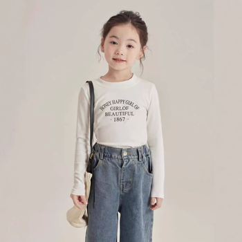 Kislányoknak hosszú ujjú póló betűkkel, koreai stílus, 95% pamut, tavasz-őszi szezon