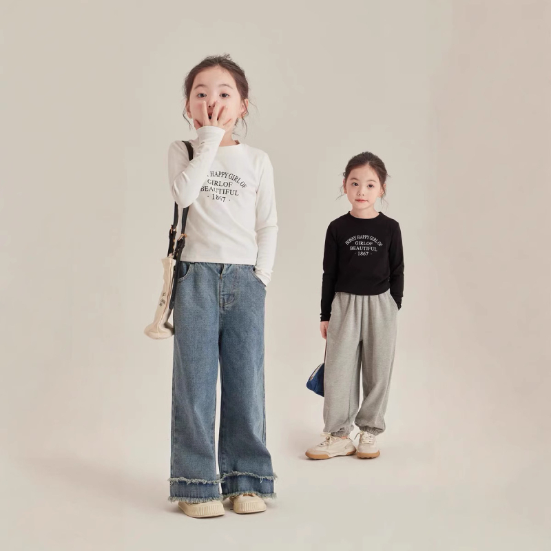 Kislányoknak hosszú ujjú póló betűkkel, koreai stílus, 95% pamut, tavasz-őszi szezon