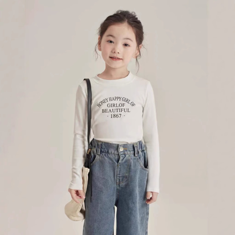 Kislányoknak hosszú ujjú póló betűkkel, koreai stílus, 95% pamut, tavasz-őszi szezon